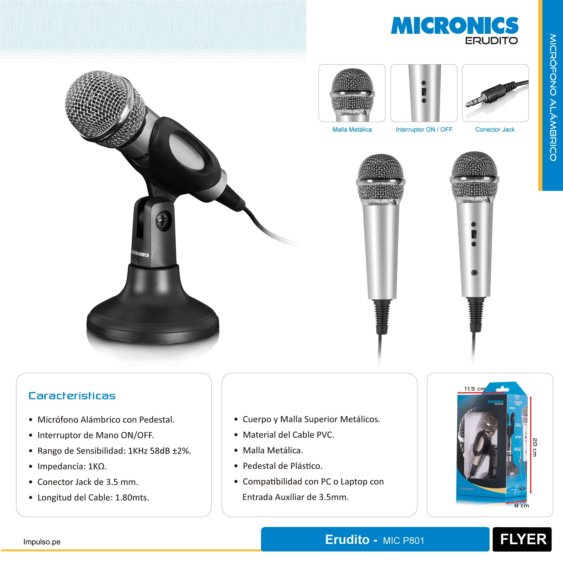 Microfono Micronics Metal con pedestal, jack 3.5mm